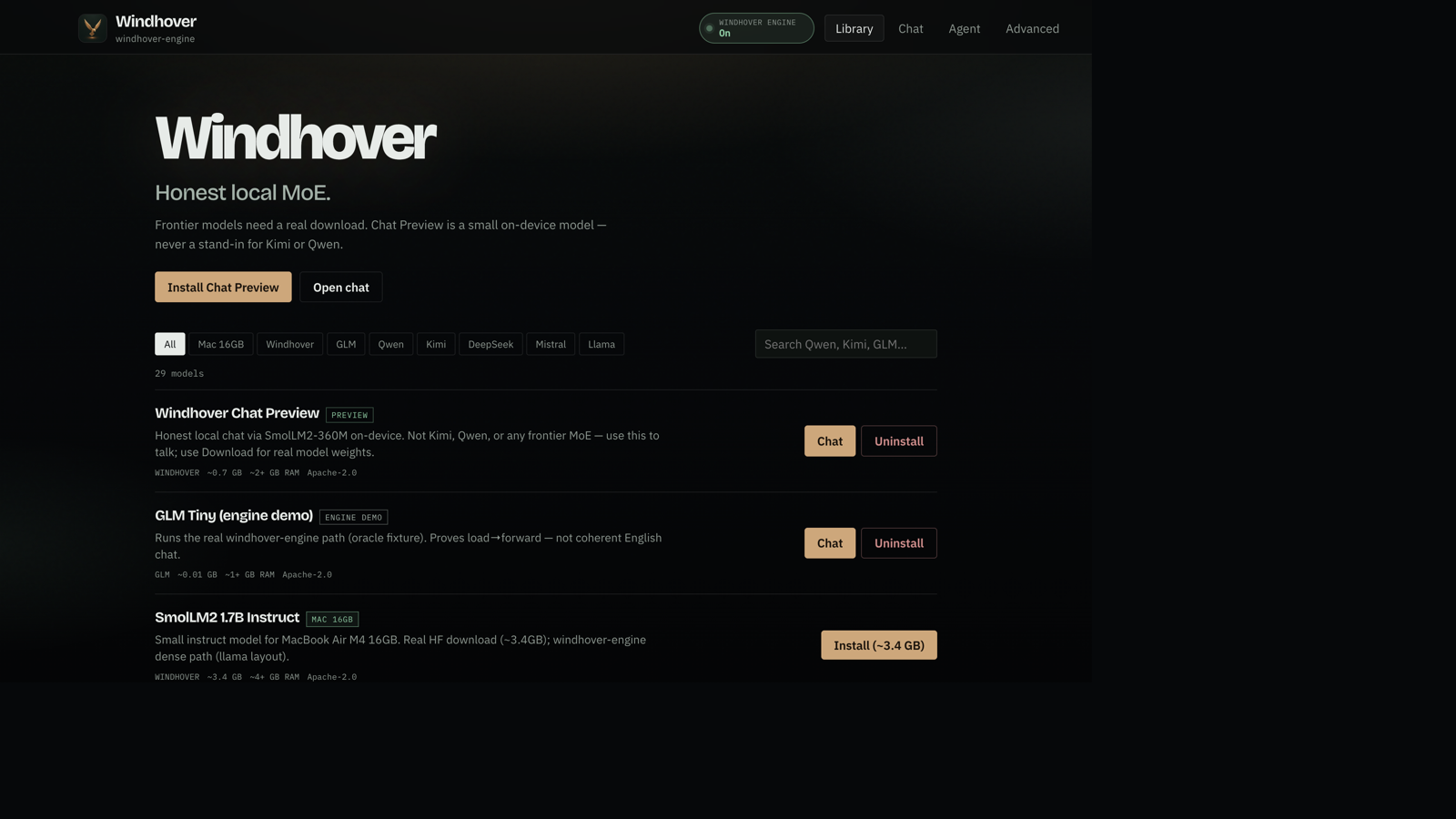 Windhover Library — browse and install local model packs